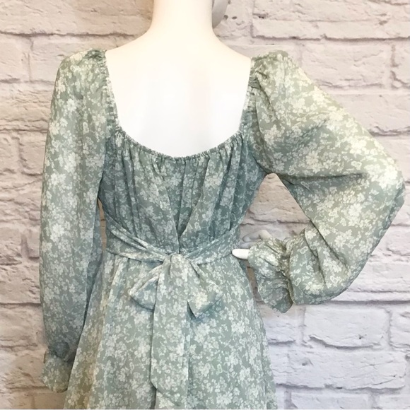 Babydoll Dress Lg Floral Long Sleeve Green Milkmaid Tiered Ruffle Crepe Mini - Picture 5 of 10